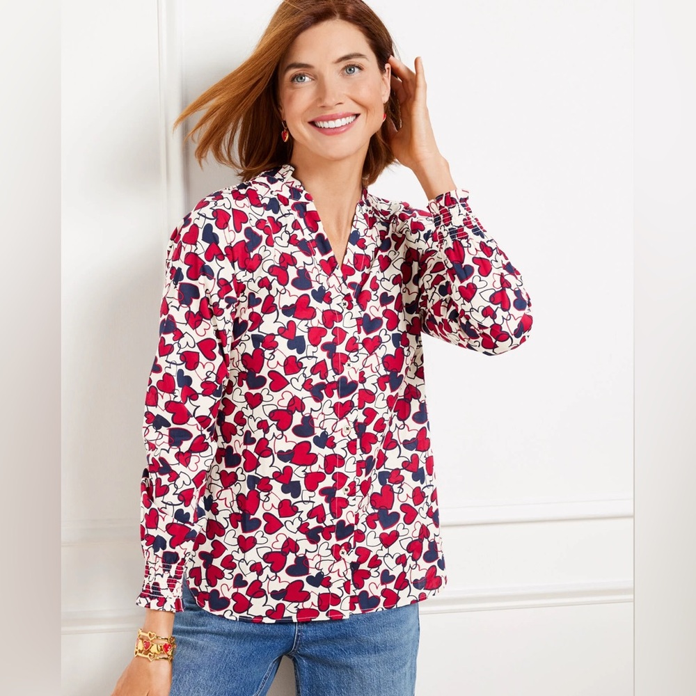 NEW Talbots Button Front Entwined Hearts White Red and Blue Sz LP
